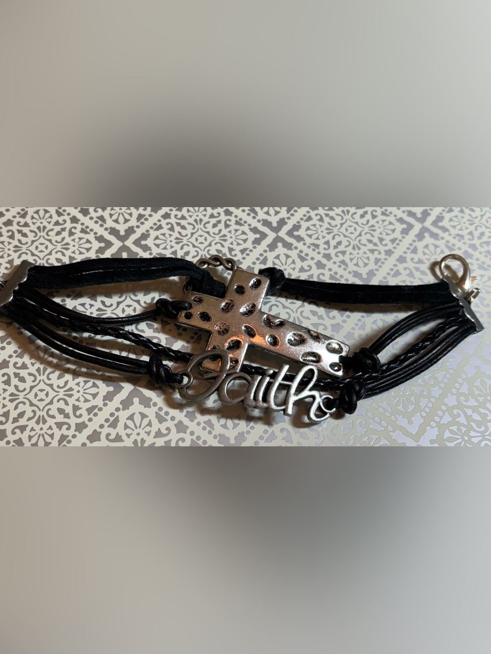Faith Cross Black Leather Bracelet - Unbranded